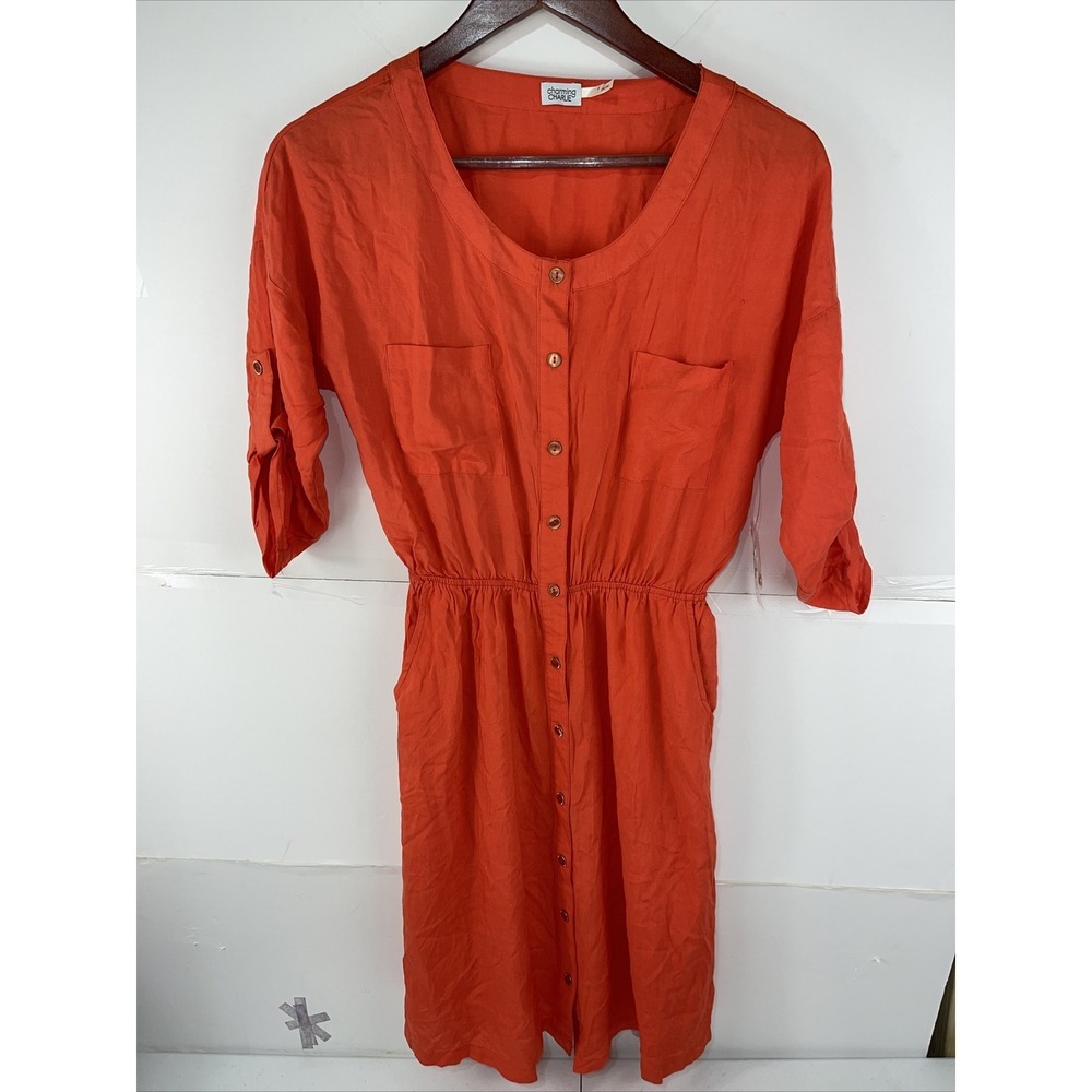 Charming Charlie Womens Small Orange Quarter Sleeve Button Front Pocket Dress.